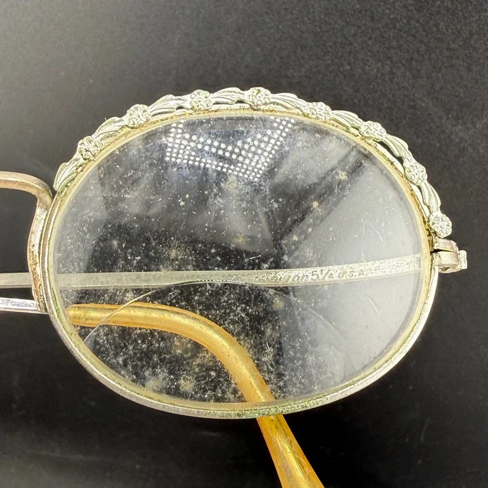 Vintage Eyeglasses Silver Tone Floral Engraved Oval Frame USA
